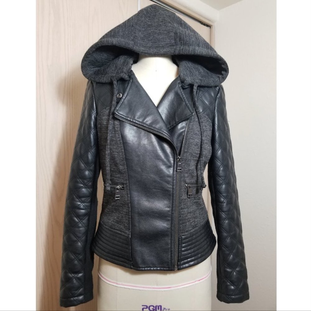 BEBE Hooded Faux Leather & Knit Combo Moto Jacket
